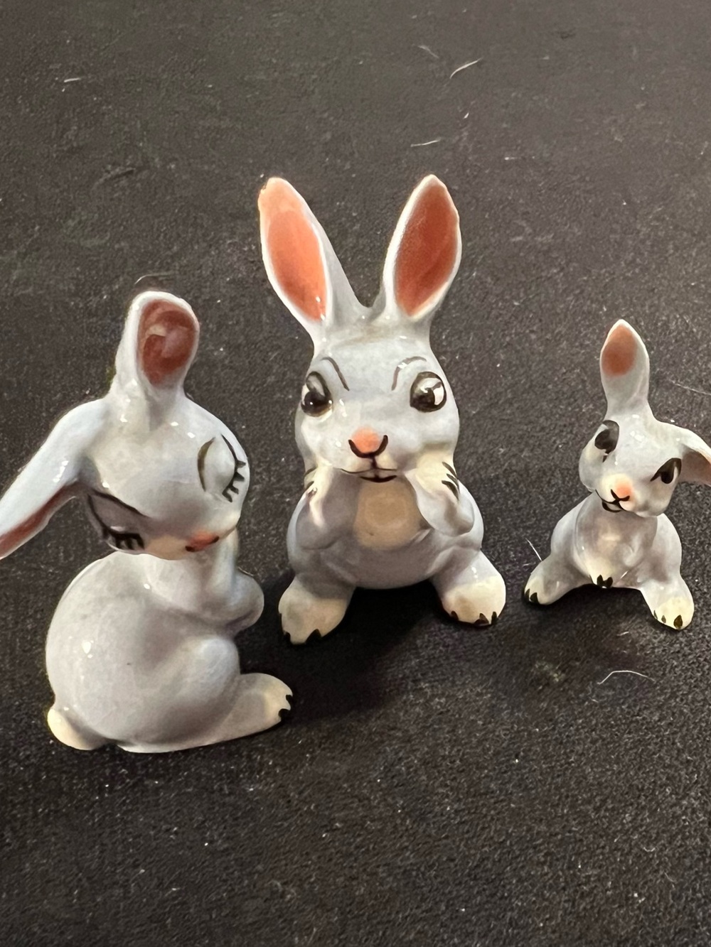 Source Unknown Gray and Pink Ceramic Bunny Figurine Trio